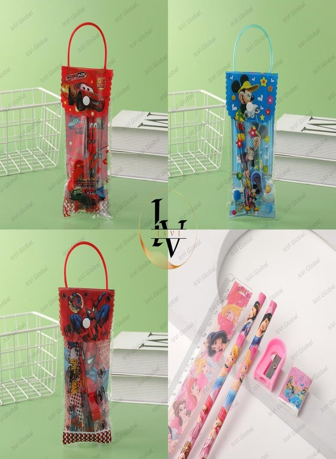 Isvi Cartoon Theme Stationery Set for Kids (Pack of 12)- Includes 2 Pencils, Eraser, Sharpener, Scale in Reusable Handle Pack - Birthday Return Gift, Party Favor, School Supplies for Boys & Girls - Image 3